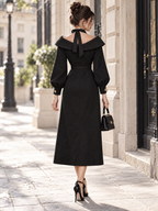 Vintage Off Shoulder Halter Belted Gold Button Midi Dress