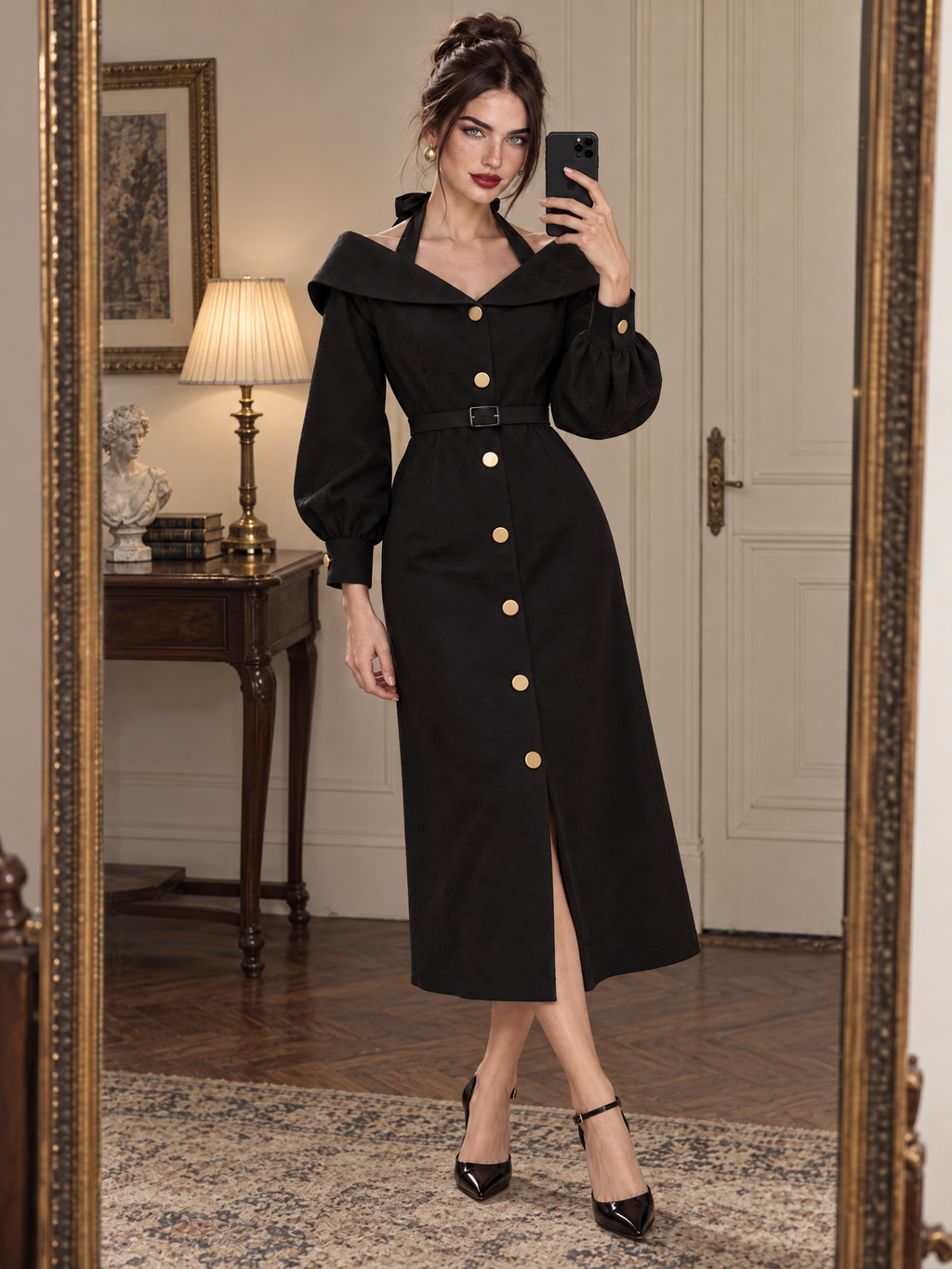 Vintage Off Shoulder Halter Belted Gold Button Midi Dress