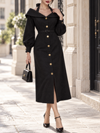 Vintage Off Shoulder Halter Belted Gold Button Midi Dress