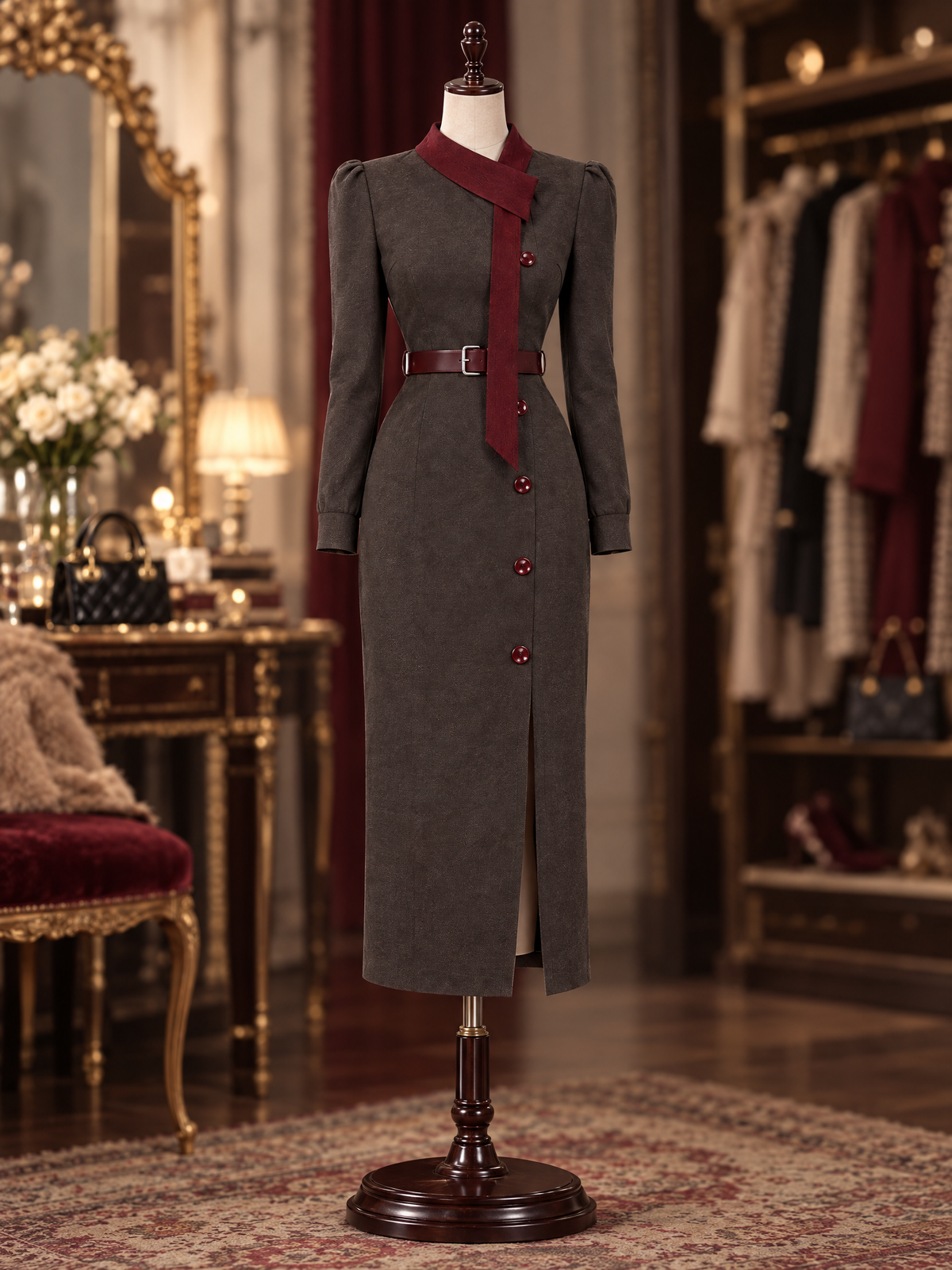Vintage Tie Neck Puff Sleeve Belted Midi Dress