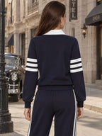 Vintage Stripe Print Collared Pocket Polo Sweatshirt