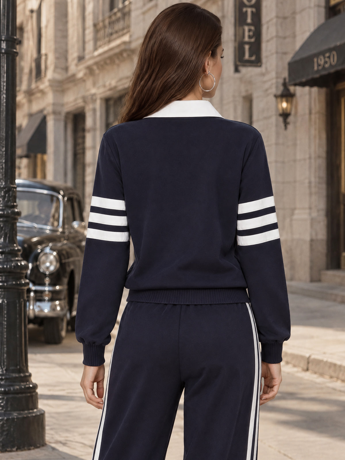 Vintage Stripe Print Collared Pocket Polo Sweatshirt