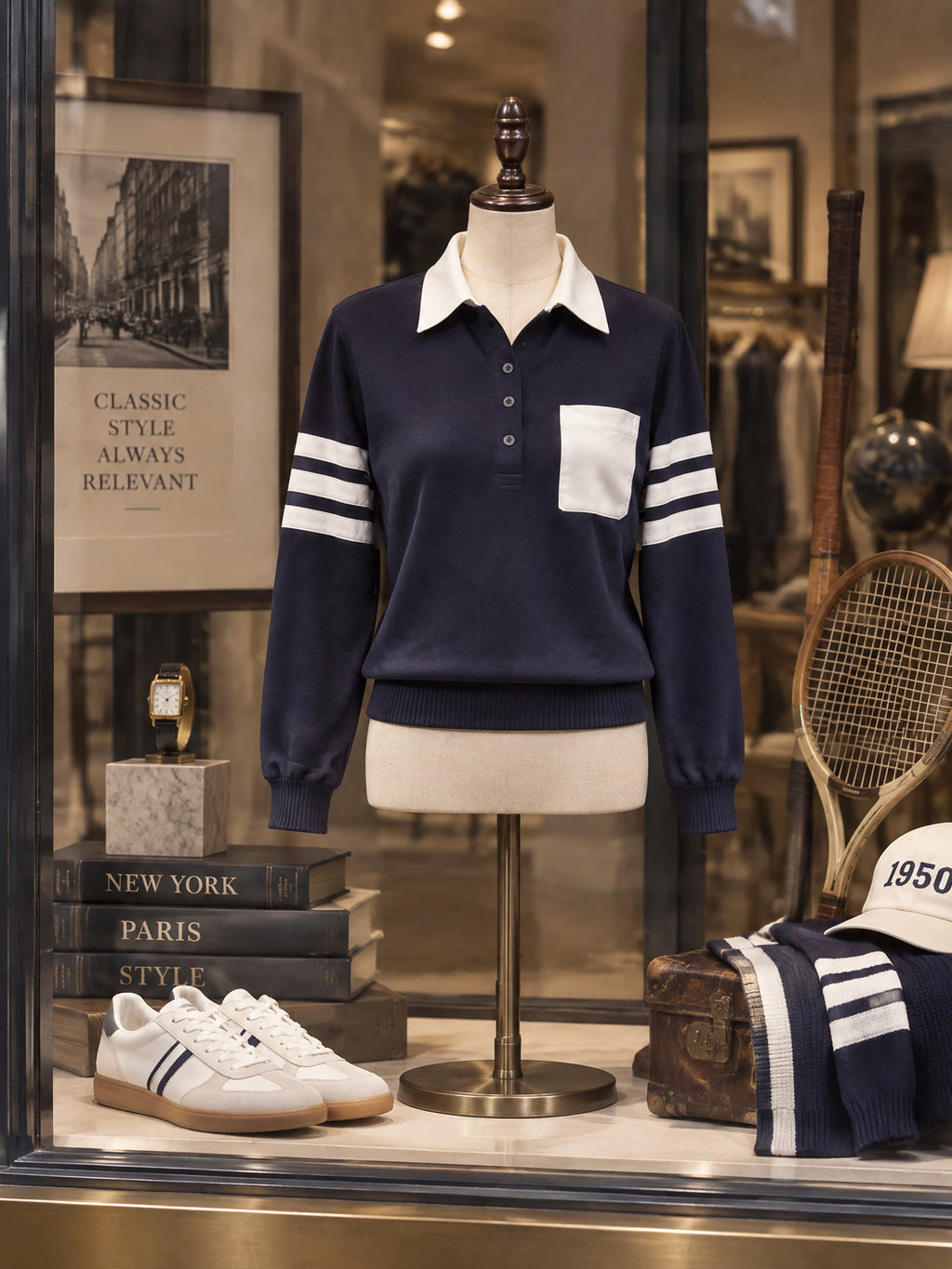 Vintage Stripe Print Collared Pocket Polo Sweatshirt