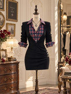 Vintage Plaid Collar Layered Look Mini Dress