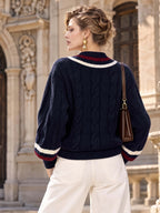 Retro Cable Knit V Neck Preppy Sweater Top