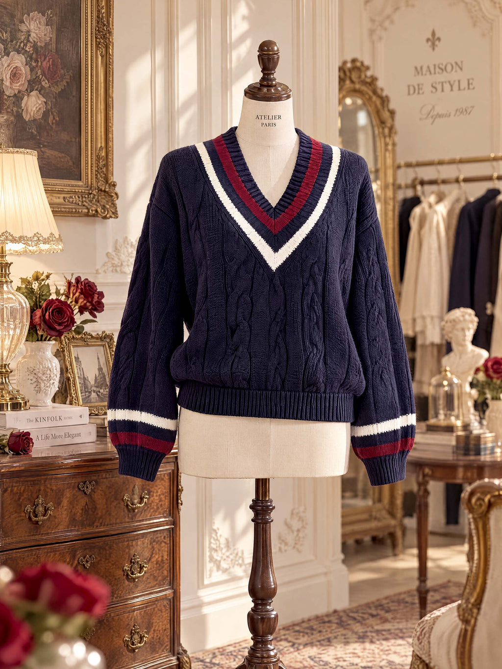 Retro Cable Knit V Neck Preppy Sweater Top