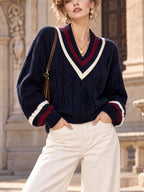 Retro Cable Knit V Neck Preppy Sweater Top