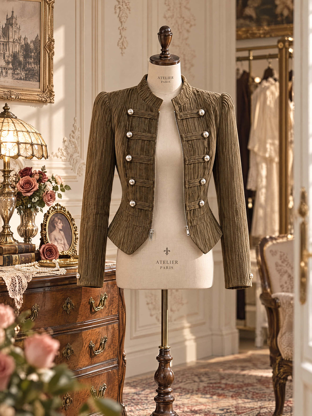 Retro Victorian Button‑Trim Zip Up Jacket