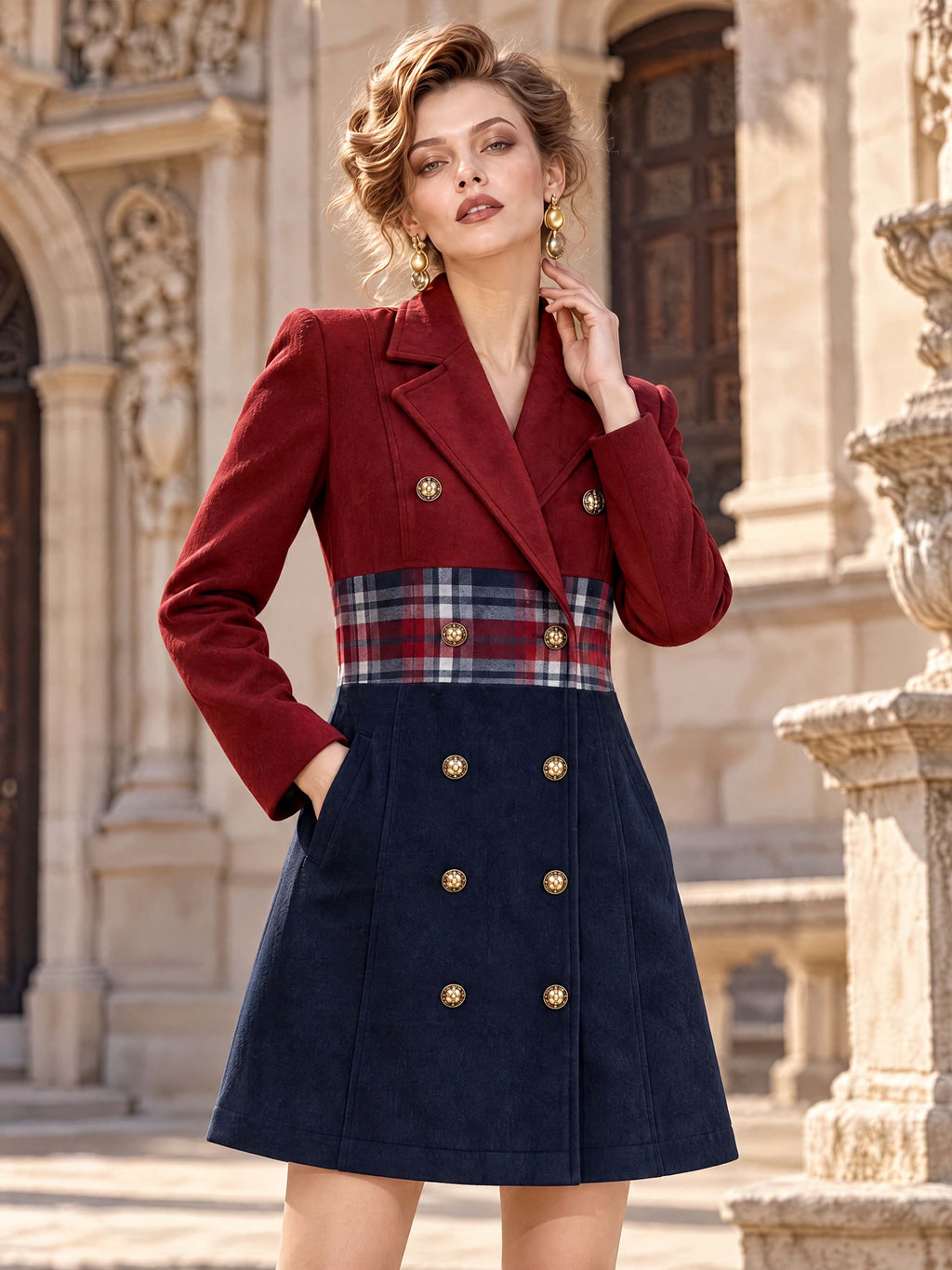 Retro Notched Lapel Double‑Breasted Midi Dress Coat