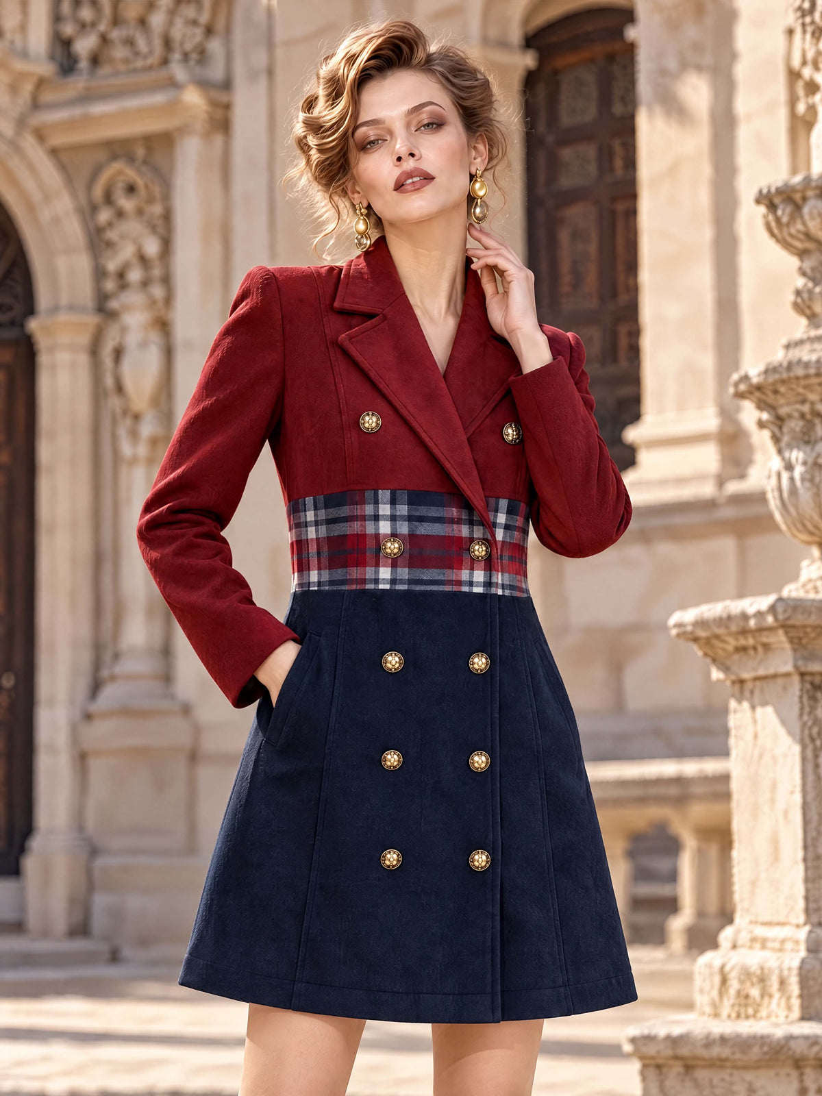 Retro Notched Lapel Double‑Breasted Midi Dress Coat