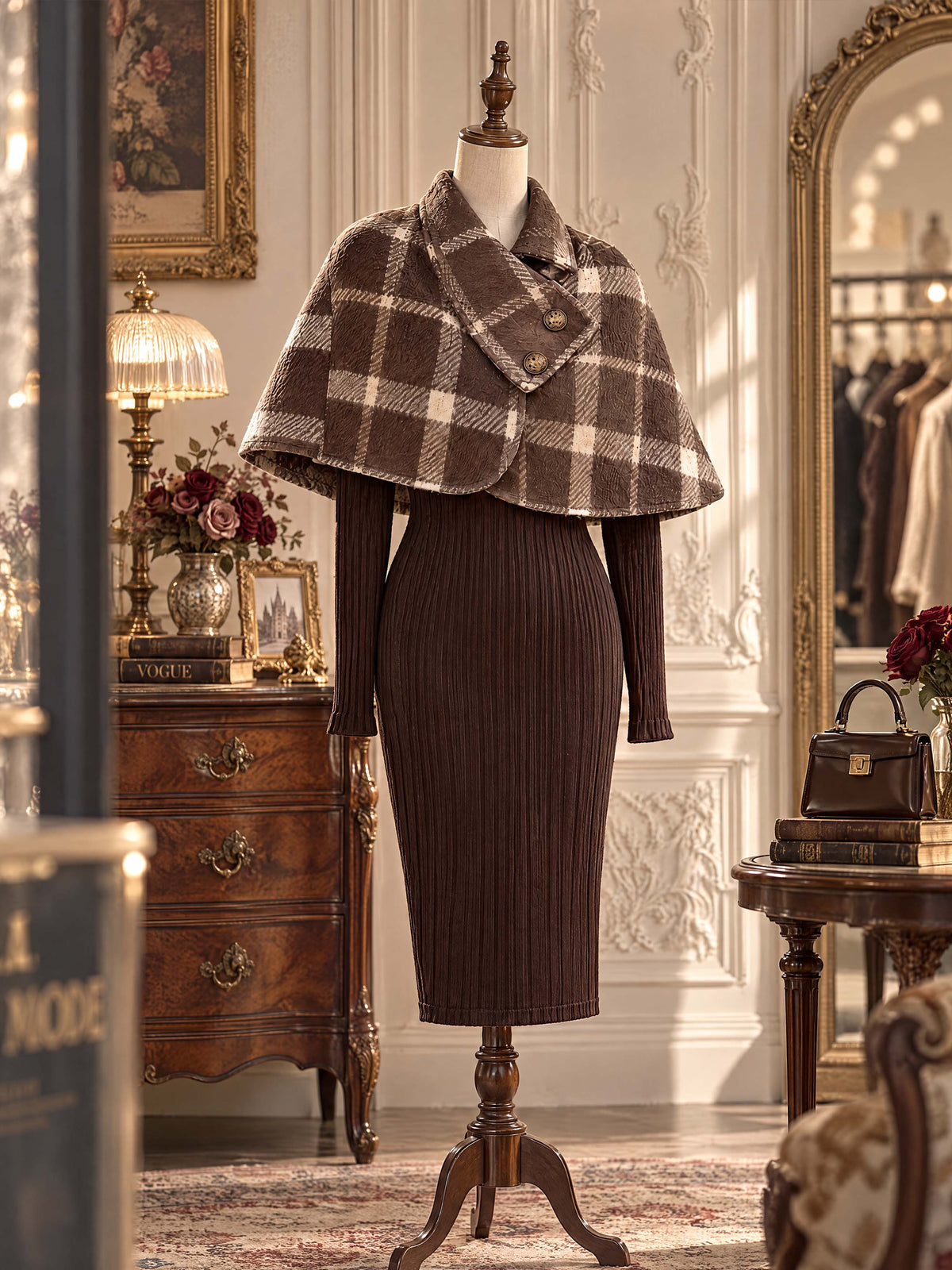 Retro Plaid Cape Midi Sweater Dress Set