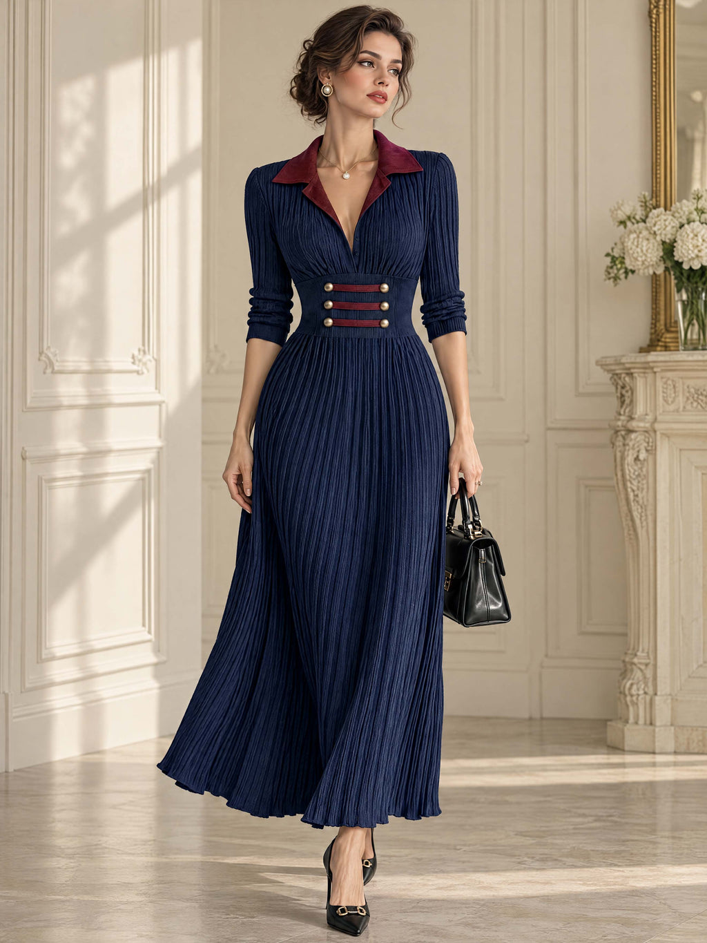 Retro Contrast Collar Maxi Pleated Dress