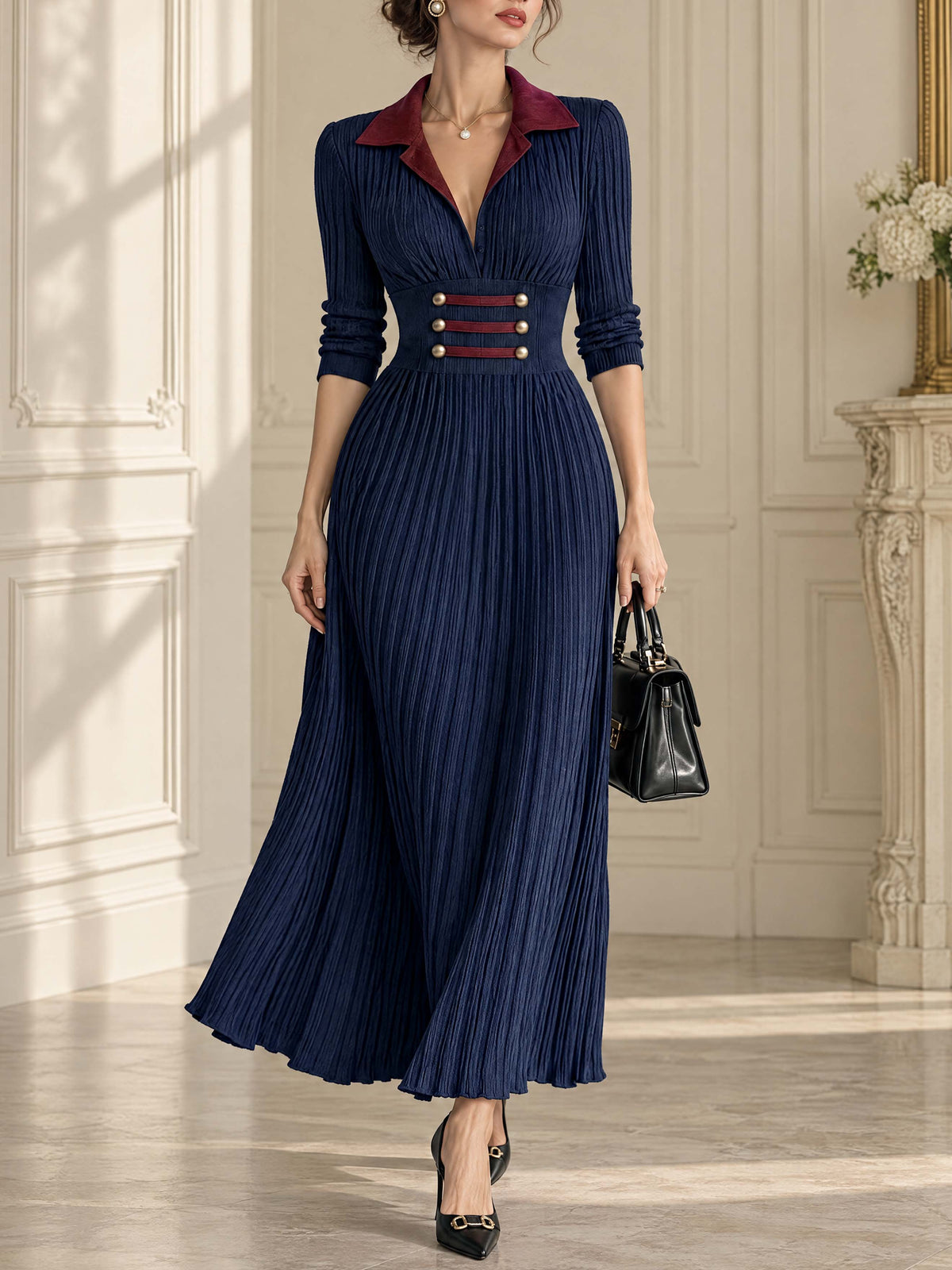 Retro Contrast Collar Maxi Pleated Dress