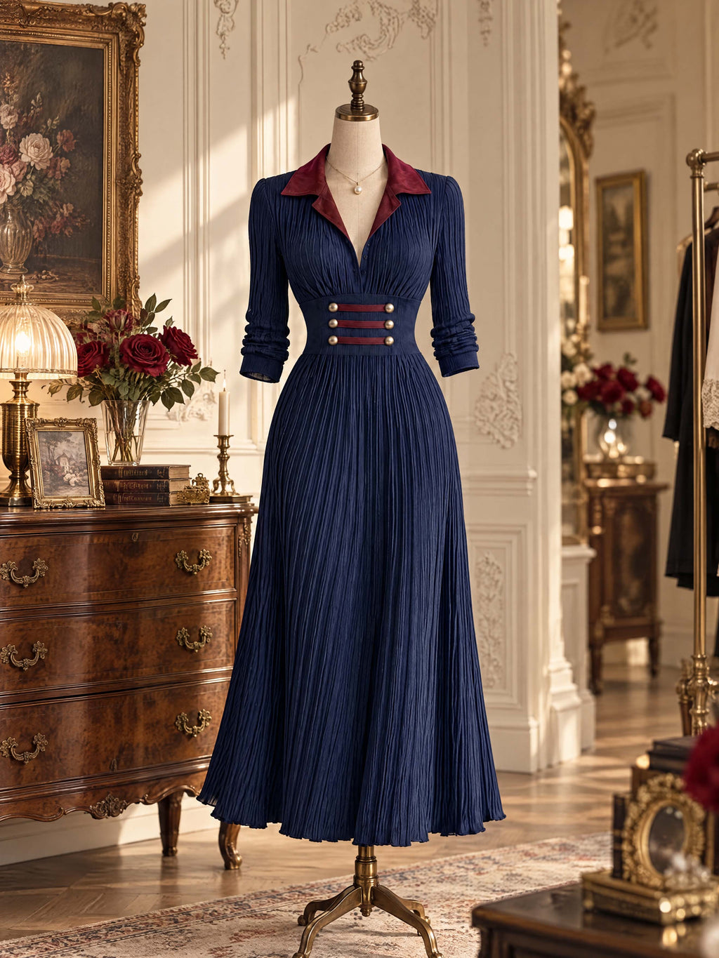 Retro Contrast Collar Maxi Pleated Dress
