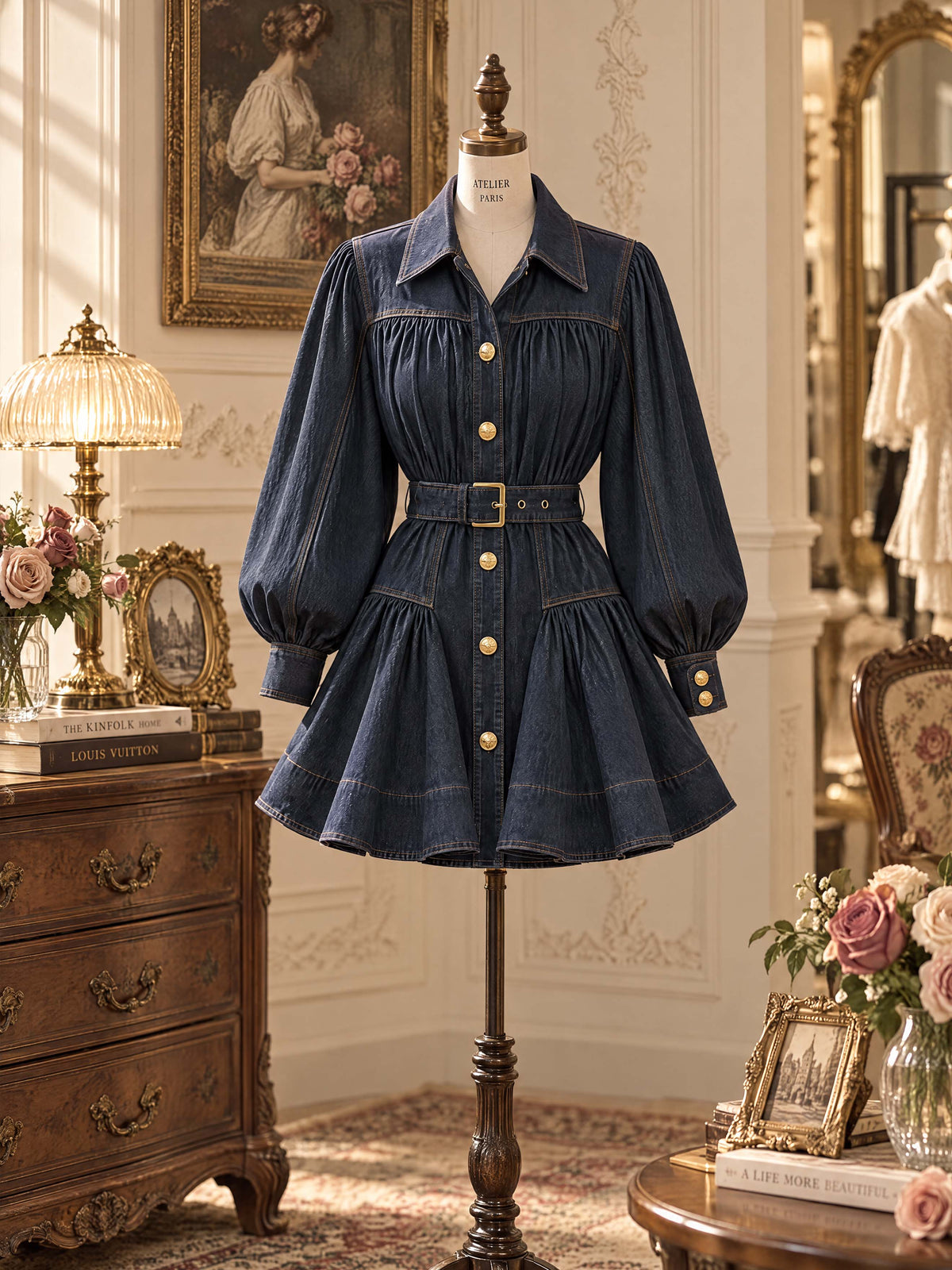Vintage Retro Collared Flare Denim Mini Dress