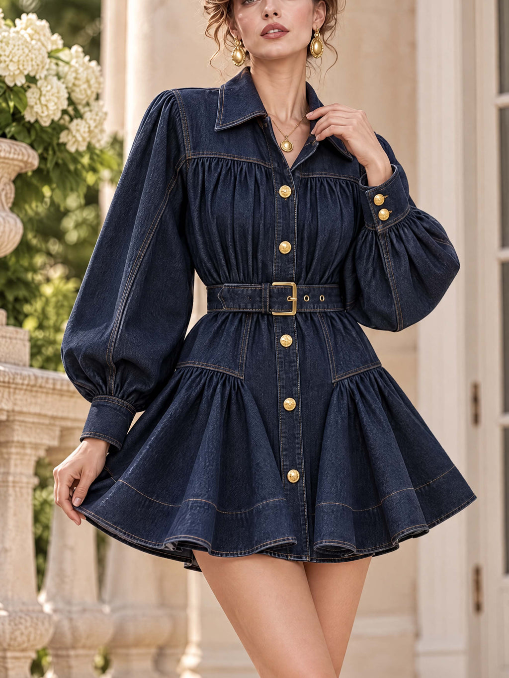 Vintage Retro Collared Flare Denim Mini Dress