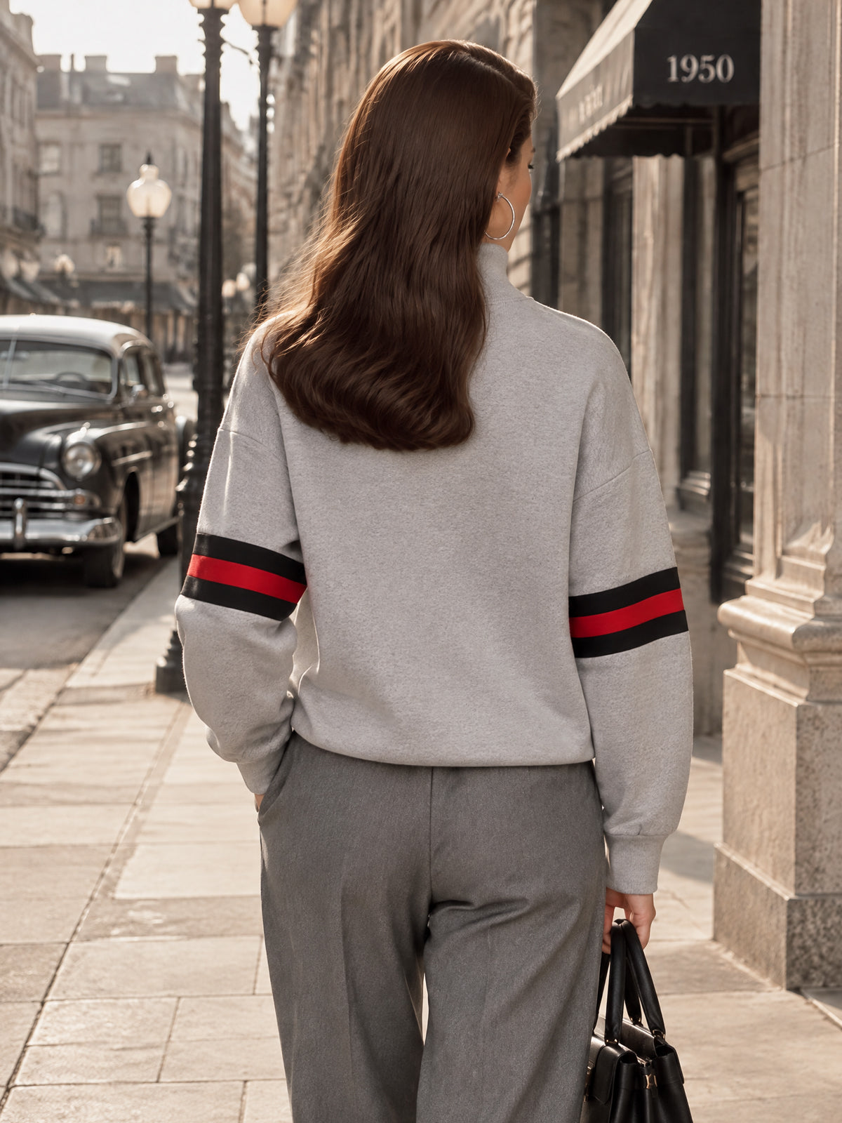 Vintage Stripe Print Turtleneck Drop Shoulder Sweatshirt
