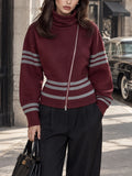 Vintage Stripe Print Turtleneck Asymmetric Zip Sweatshirt