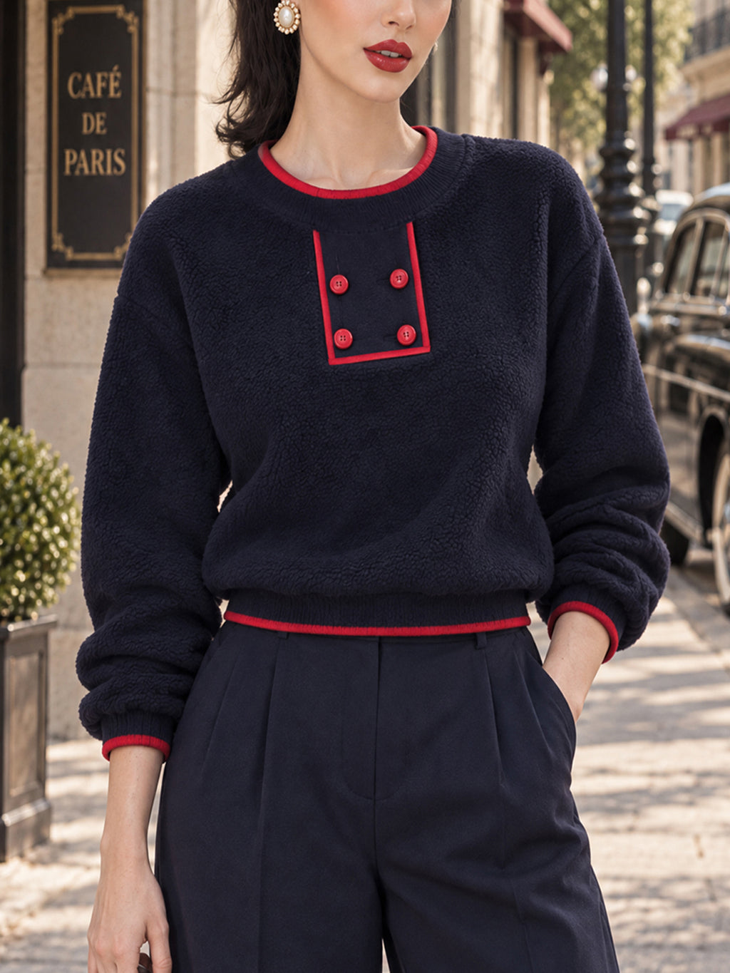 Vintage Contrast Trim Button Teddy Fleece Sweatshirt