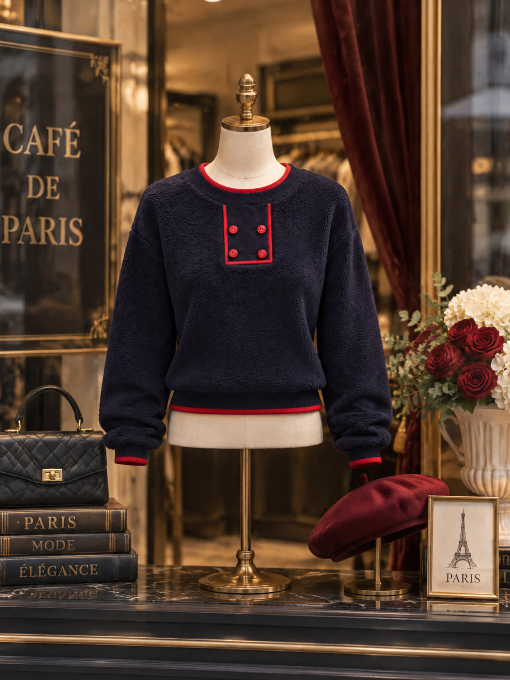 Vintage Contrast Trim Button Teddy Fleece Sweatshirt