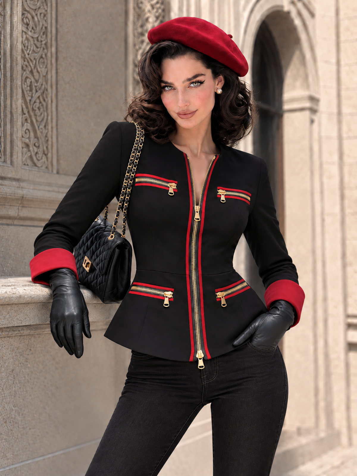 Vintage Zipper Decorations Color Block Jacket