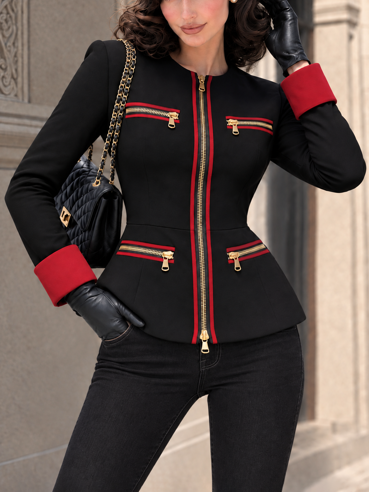 Vintage Zipper Decorations Color Block Jacket