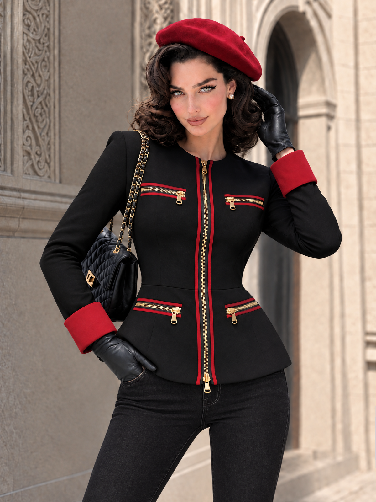 Vintage Zipper Decorations Color Block Jacket