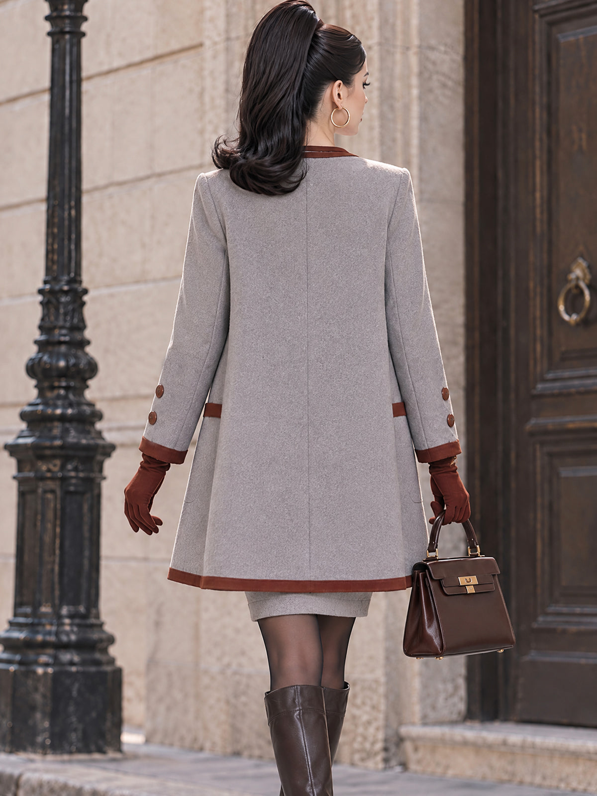 Vintage Contrast Trim Coat Dress Two Piece Set
