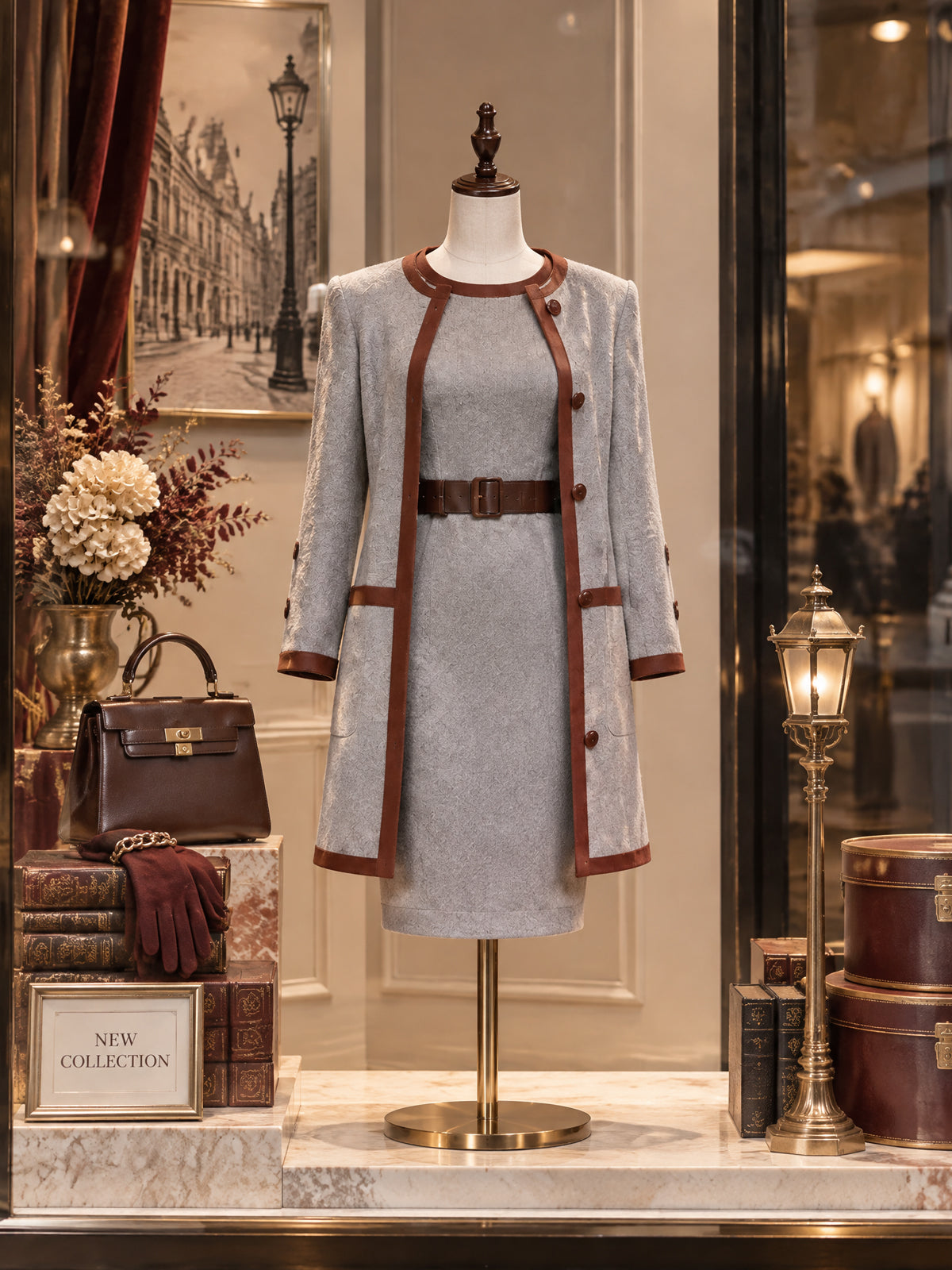 Vintage Contrast Trim Coat Dress Two Piece Set