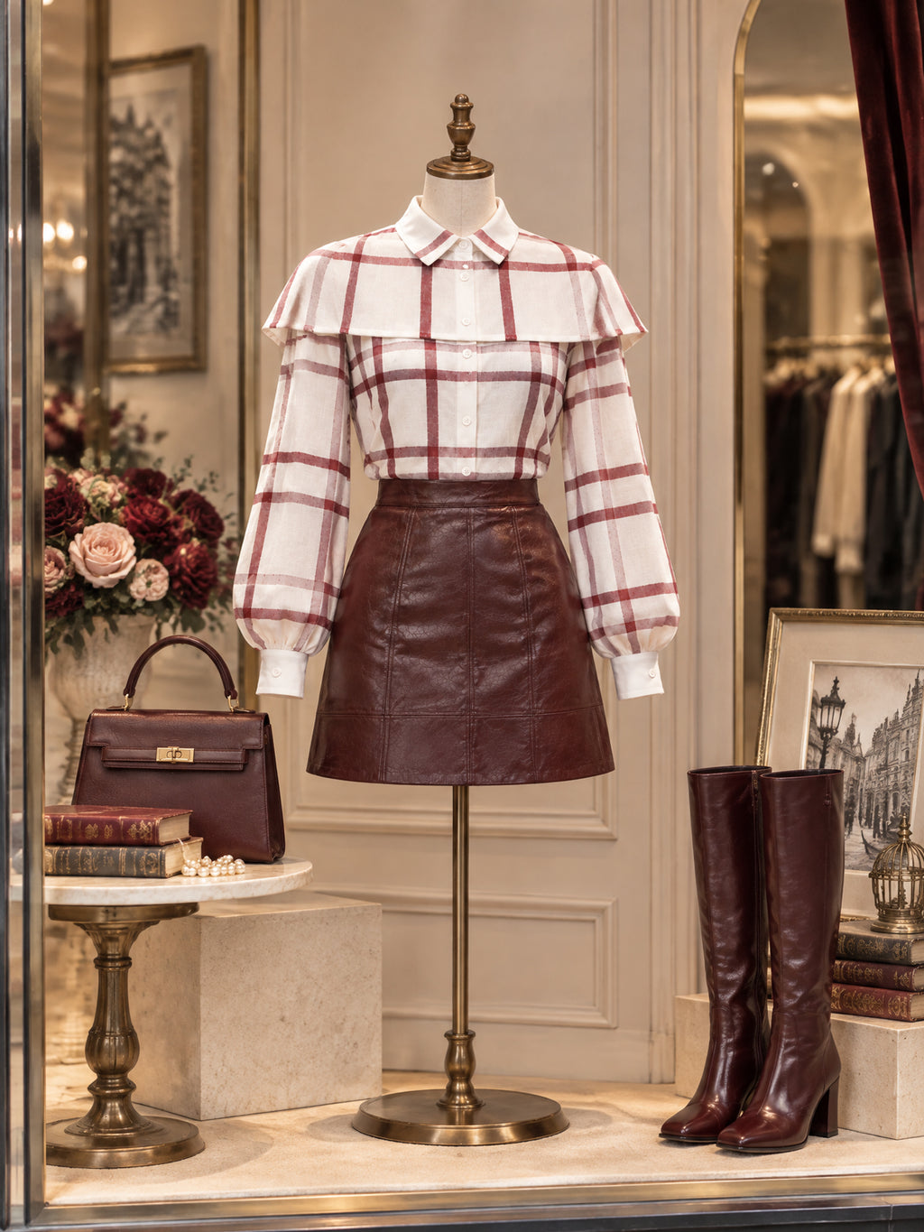 Vintage Plaid Print Cape Shoulder Puff Shirt