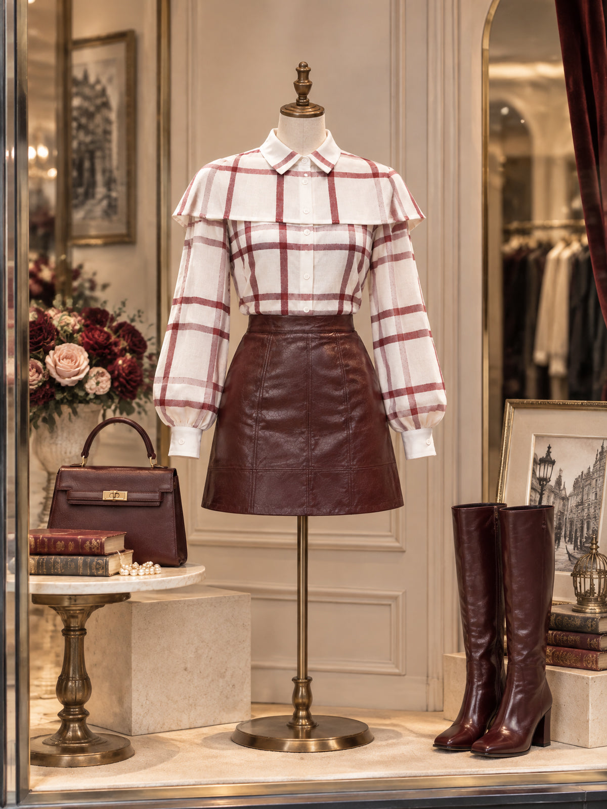 Vintage Plaid Print Cape Shoulder Puff Shirt