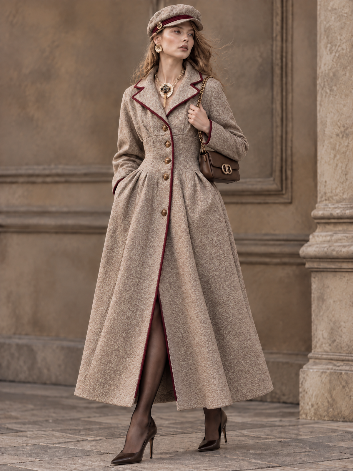 Vintage Color Block Contrast Binding Lapel Wool Blend Coat