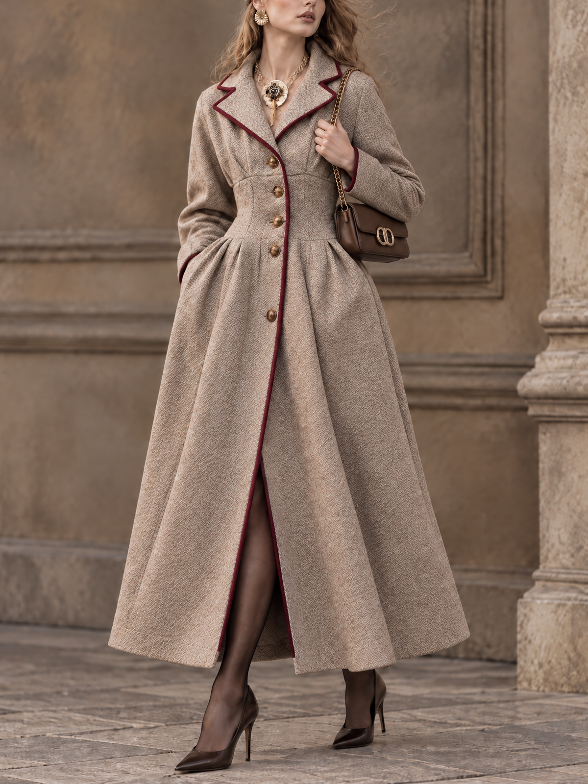 Vintage Color Block Contrast Binding Lapel Wool Blend Coat