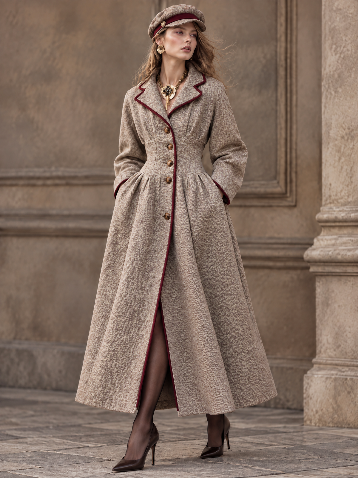 Vintage Color Block Contrast Binding Lapel Wool Blend Coat