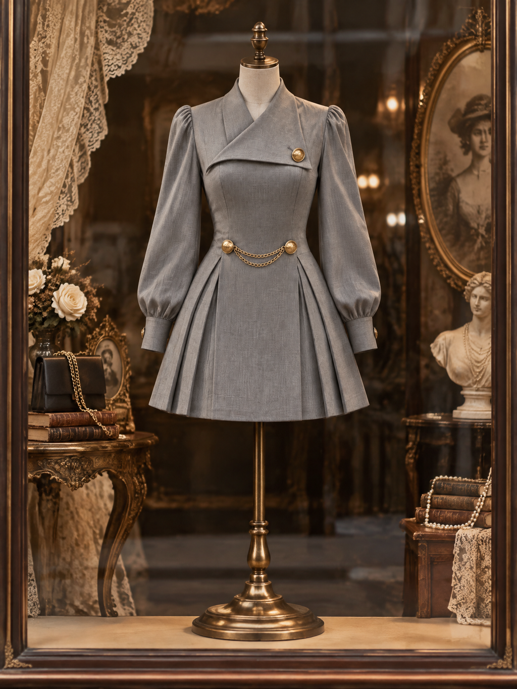 Vintage Asymmetric Lapel Long Sleeve Pleated Mini Dress
