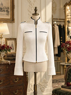Retro Rib Knit Zip‑Up Shoulder Epaulet Jacket