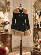 Retro Faux Fur Trim Double Breasted Flare Coat