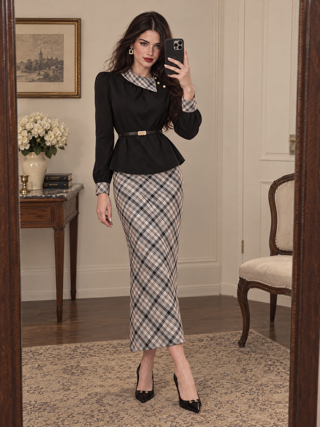 Vintage Old Money Plaid Patchwork Elegant Skirt Two-Piece Set
