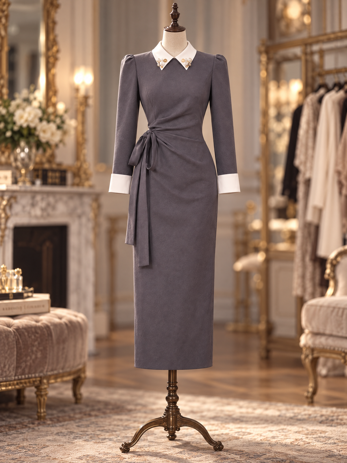 Vintage High-IQ Waist Tie Slim-Fit Midi Work Dress