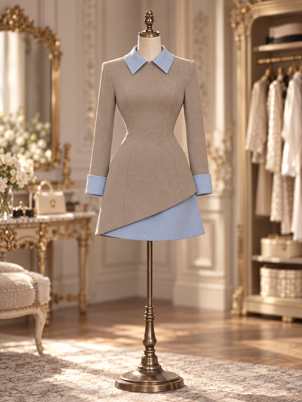 Contrast Collar Long Sleeve Fake Two Piece Mini Dress