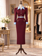 Vintage High-IQ Contrast Collar Slim-Fit Commuter Midi Dress