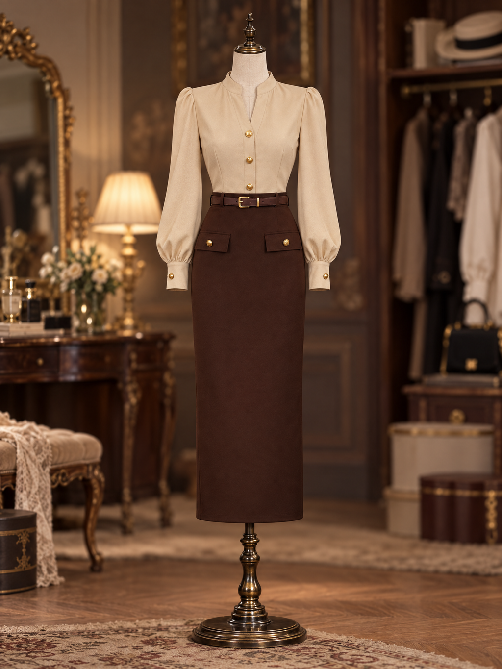 Vintage Old Money Puff Sleeve Stand Collar Belted Midi Dress