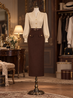 Vintage Old Money Puff Sleeve Stand Collar Belted Midi Dress