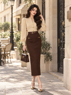Vintage Old Money Puff Sleeve Stand Collar Belted Midi Dress
