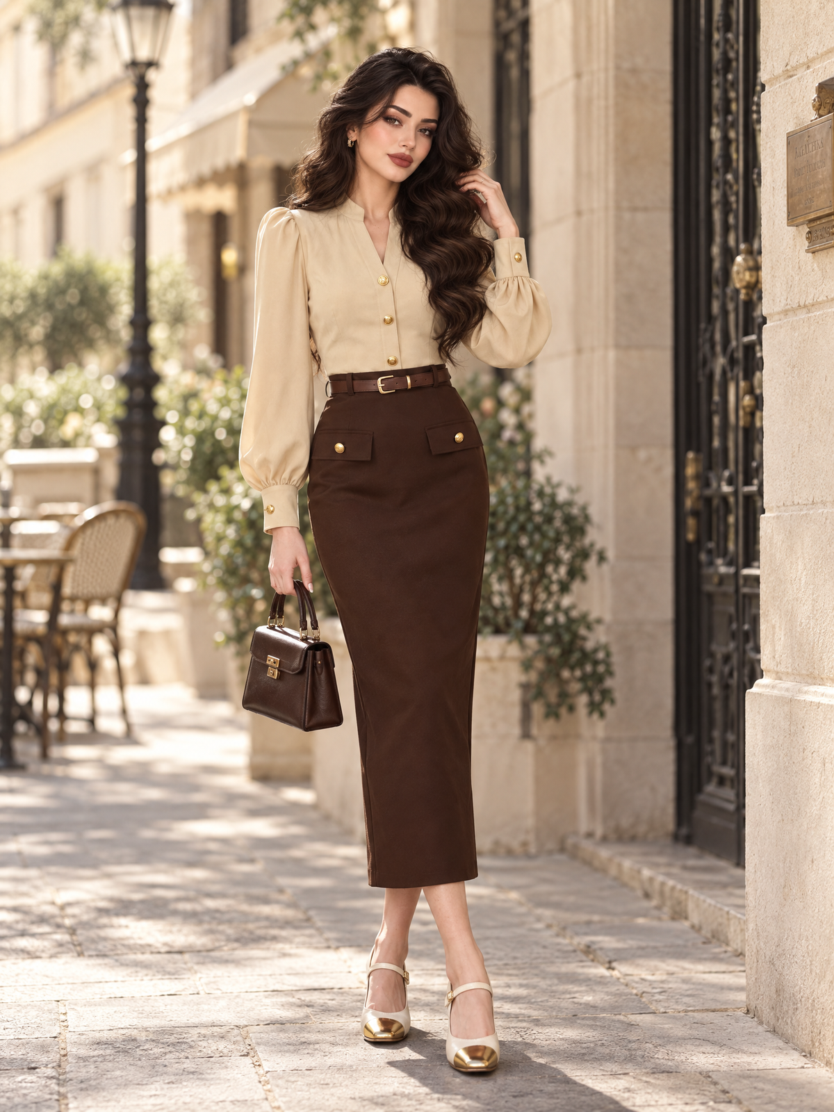Vintage Old Money Puff Sleeve Stand Collar Belted Midi Dress