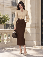 Vintage Old Money Puff Sleeve Stand Collar Belted Midi Dress
