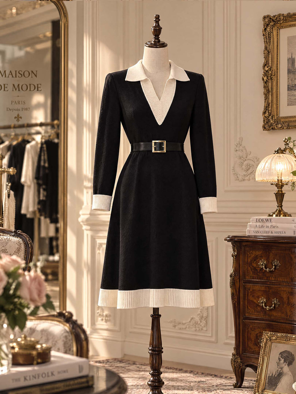 Retro Contrast Collar Loose Comfort Knitted Midi Dress