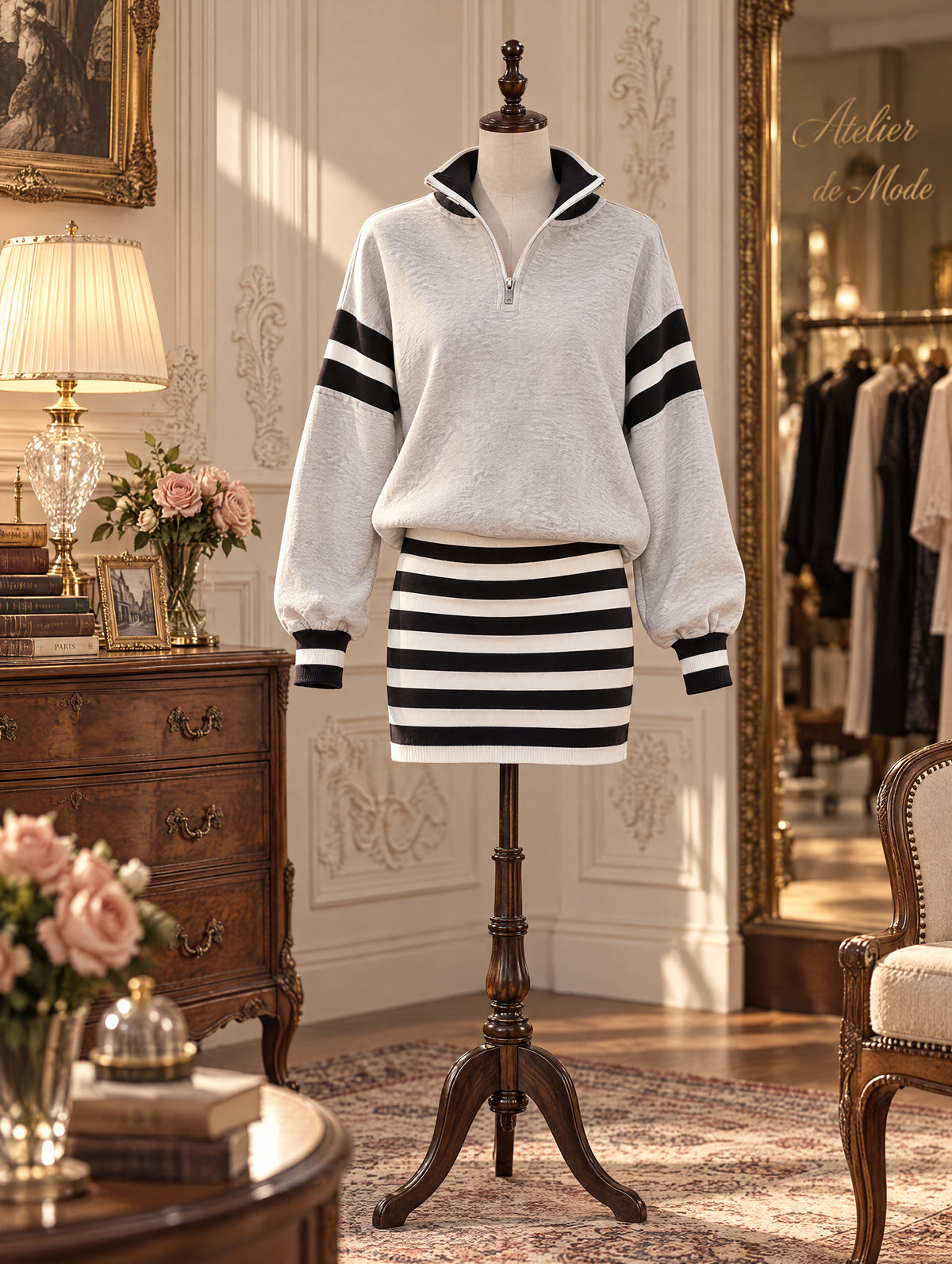 Vintage Half‑Zip Midi Striped Casual Sweatshirt