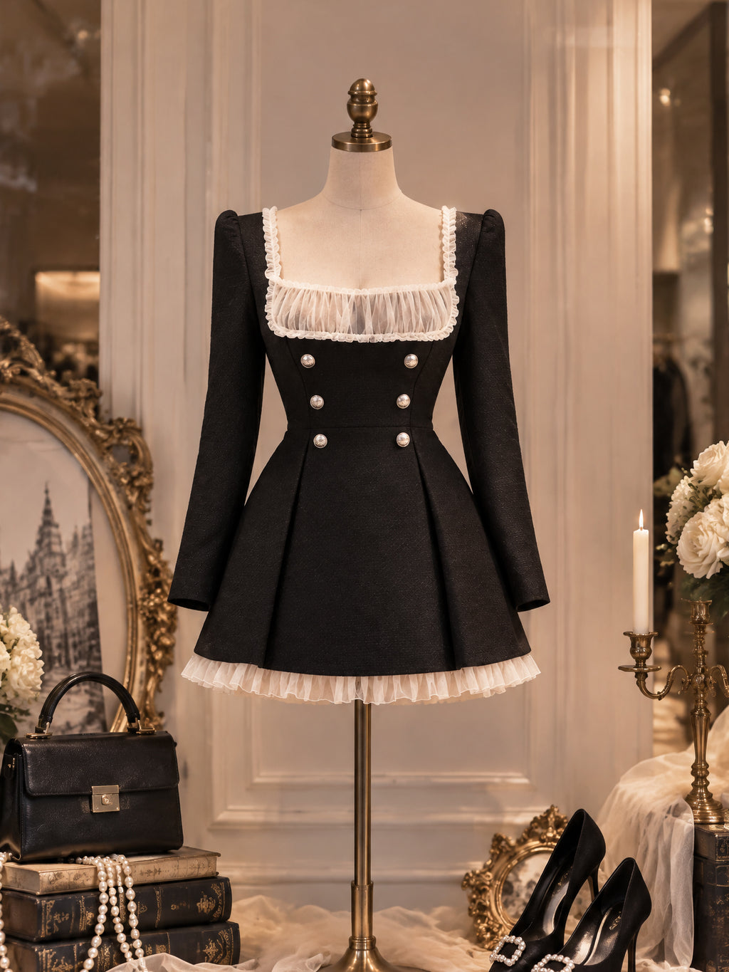 Vintage Mesh Trim Double Breasted Tweed Dress