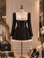 Vintage Mesh Trim Double Breasted Tweed Dress